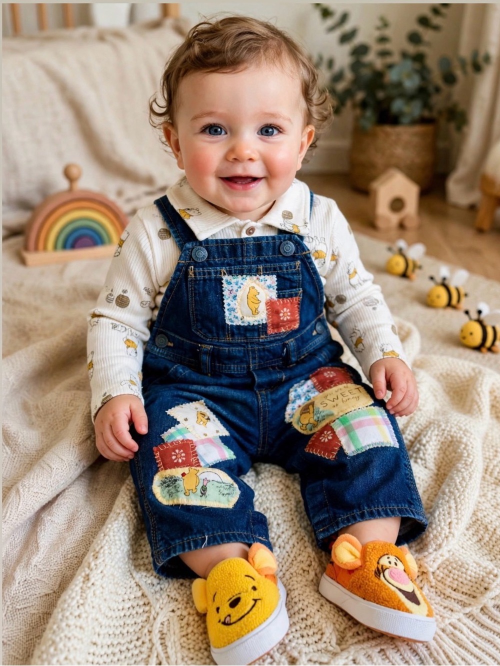 Vintage Gap overalls, Pooh Bear patchwork, Baby